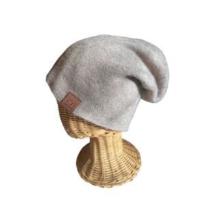 Jaxmonoy Slouchy Knit Beanie Hat Beige Tan Unisex Soft Stretch Minimalist Patch